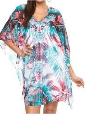 Tropical Teal & Pink Beaded V-Neck Kaftan dress